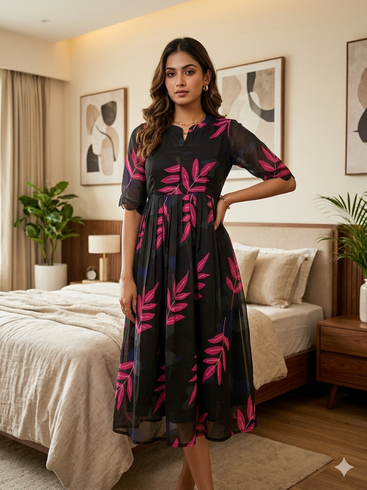 Black with Pink Leafy Printed Georgette Center Zip Maxi