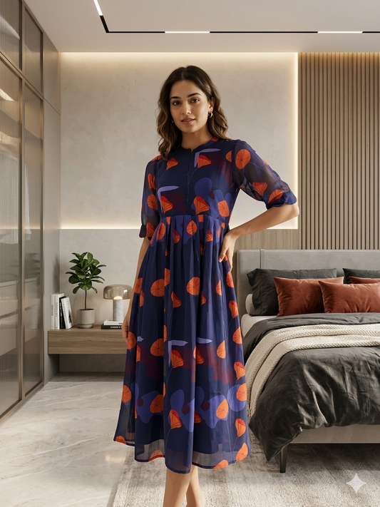 Navy Blue with Orange Floral Printed Georgette Center Zip Maxi