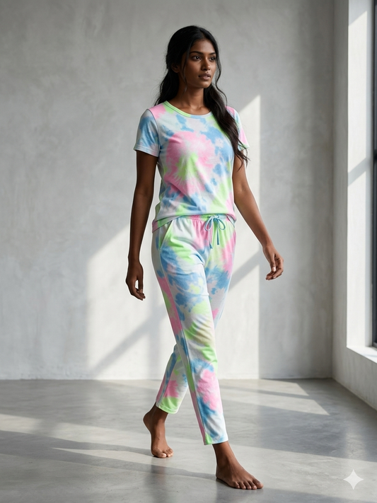 White with Green and Pink Shades Tie-Dye Printed T-shirt with Combo Pant Set