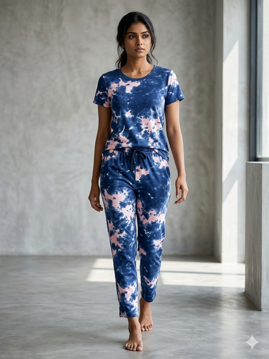 Navy Blue and Light Pink Tie-Dye Printed T-shirt with Combo Pant Set