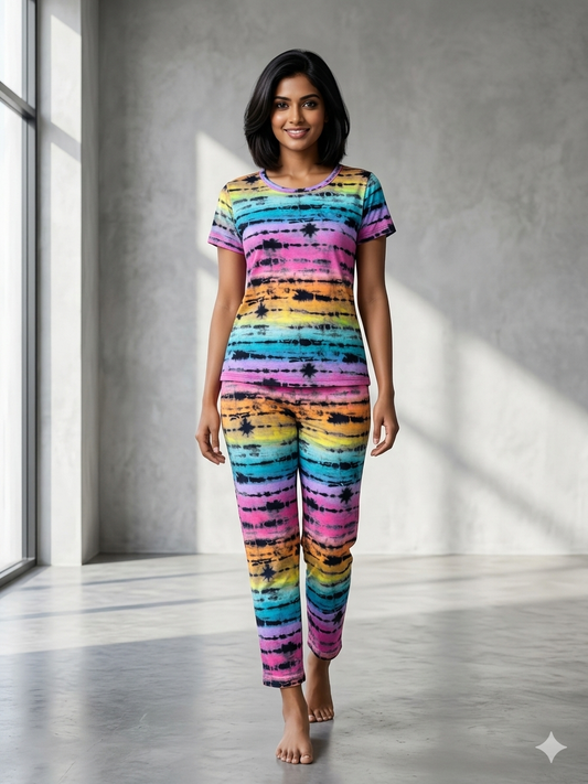 Rainbow Colors Tie-Dye Printed T-shirt with Combo Pant Set