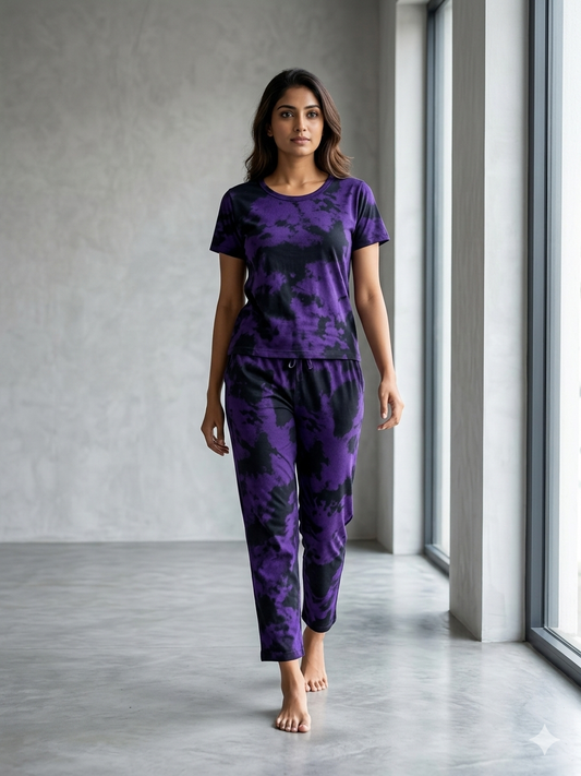 Black and Deep Blue Tie-Dye Printed T-shirt with Combo Pant Set