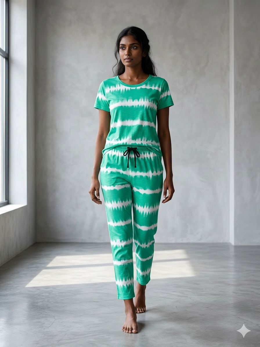 Green and White Tie-Dye Printed T-shirt with Combo Pant Set