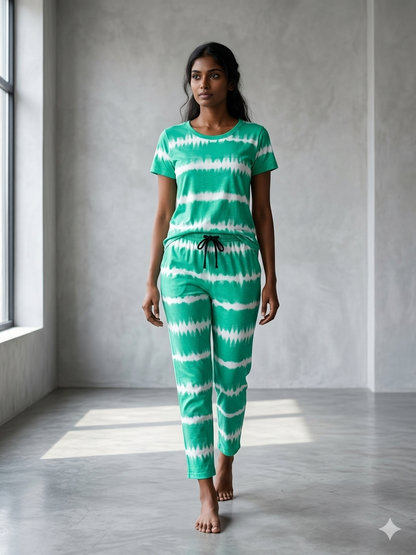 Green and White Tie-Dye Printed T-shirt with Combo Pant Set