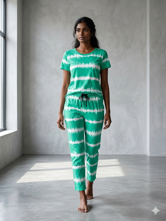 Green and White Tie-Dye Printed T-shirt with Combo Pant Set