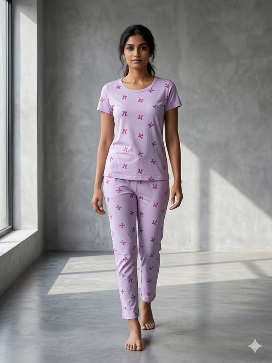 Lavender Small Bow's Printed T-shirt with Combo Pant Set