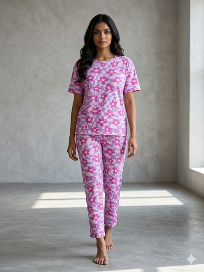 Lavender Floral Printed T-shirt with Combo Pant Set