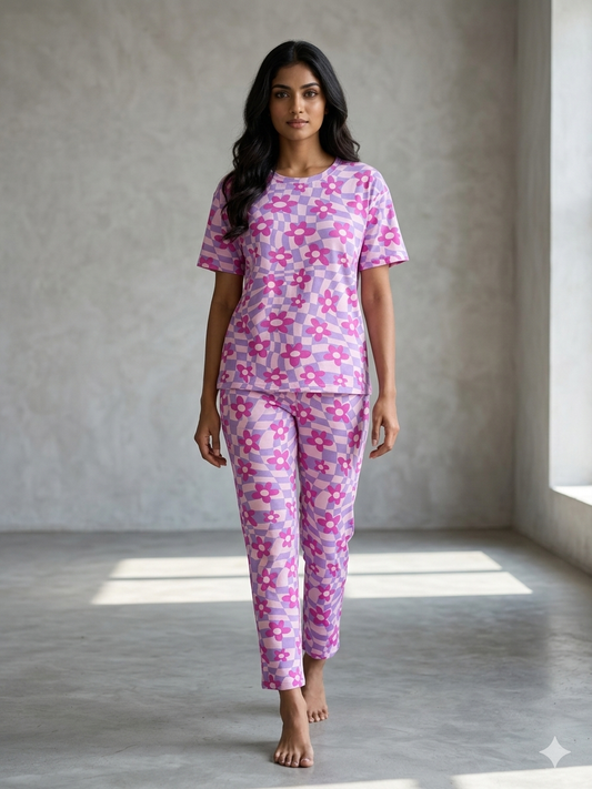 Lavender Floral Printed T-shirt with Combo Pant Set
