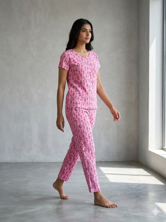 Pink Crane Bird's Printed T-shirt with Combo Pant Set