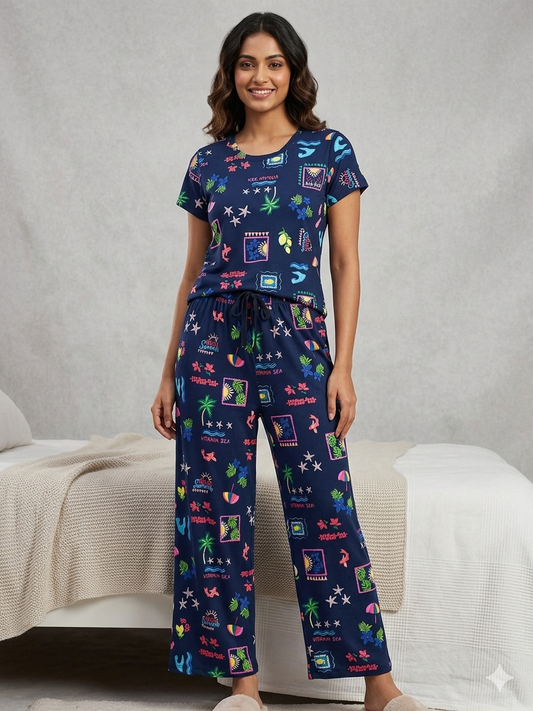 Spun Cotton Fabric Navy Blue with Objects Printed T-shirt and Palazzo Set