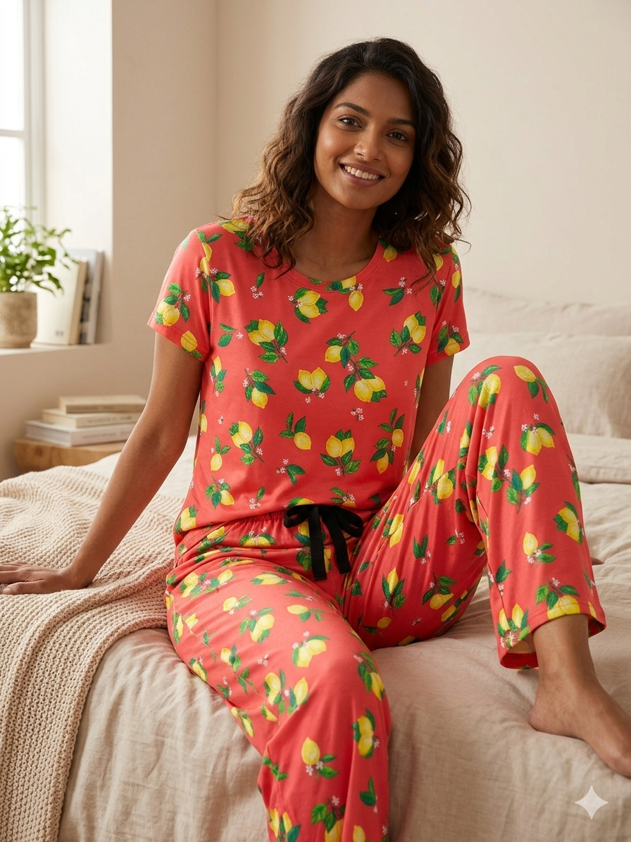 Spun Cotton Fabric Red with Lemons Printed T-shirt and Palazzo Set