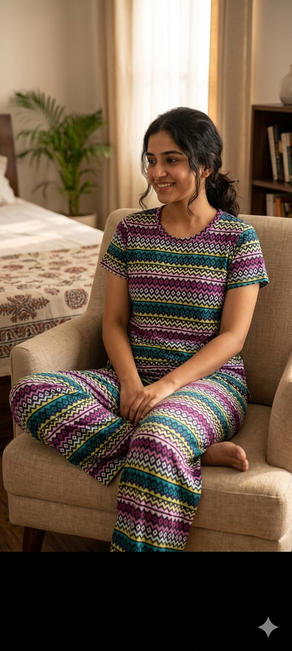 Spun Cotton Fabric Multicolor Geometric Pattern Printed T-shirt and Palazzo Set