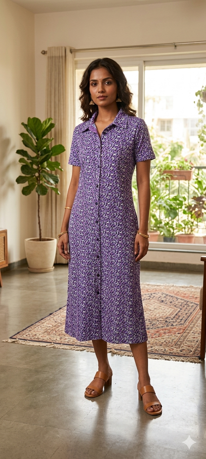 Plum Purple Ditcy Printed Front Open Long Tunic