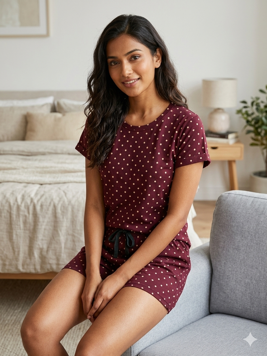 Maroon Polka Dot Print T-Shirt with Combo Shorts Set