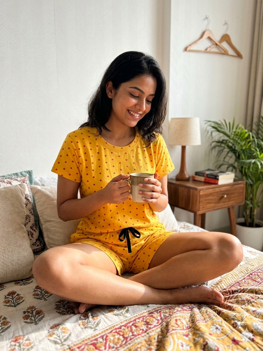 Yellow Star Print T-Shirt with Combo Shorts Set