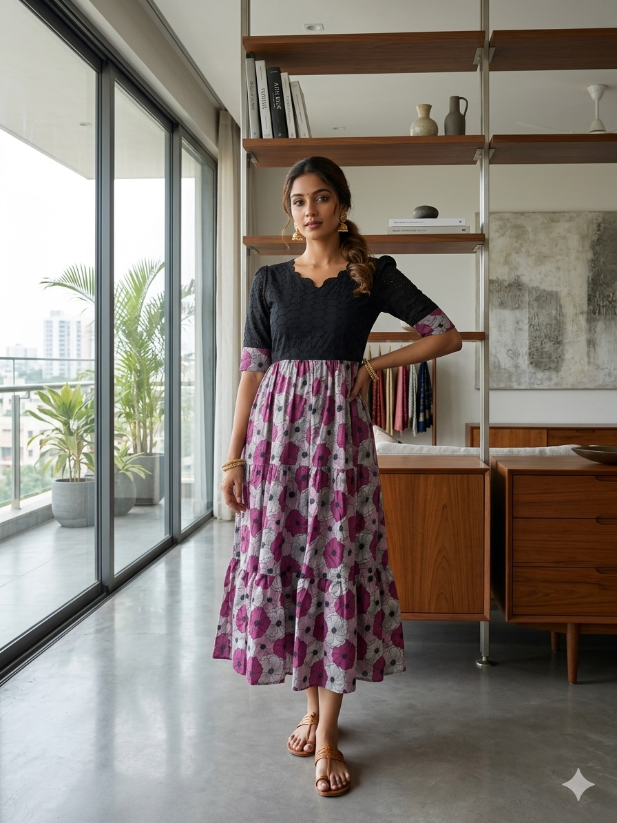 Black Purple Floral Printed Hakoba Non Feeding Maxi