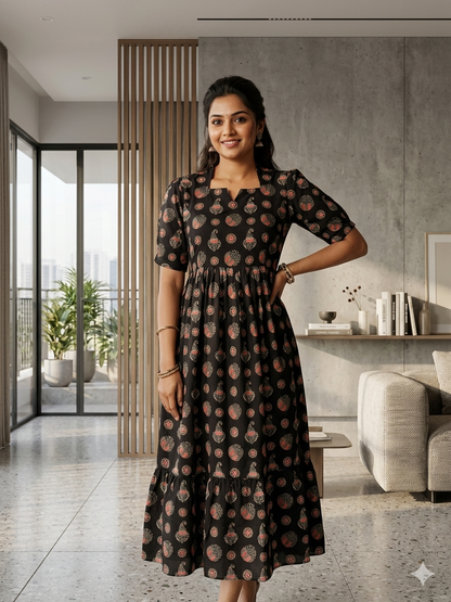 Black With Floral Printed Outdoor Blended Cotton Non Feeding Maxi