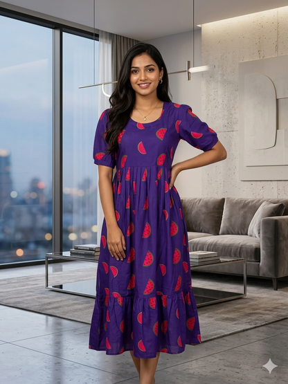 Purple With Watermelon Printed Outdoor Blended Cotton Non Feeding Maxi