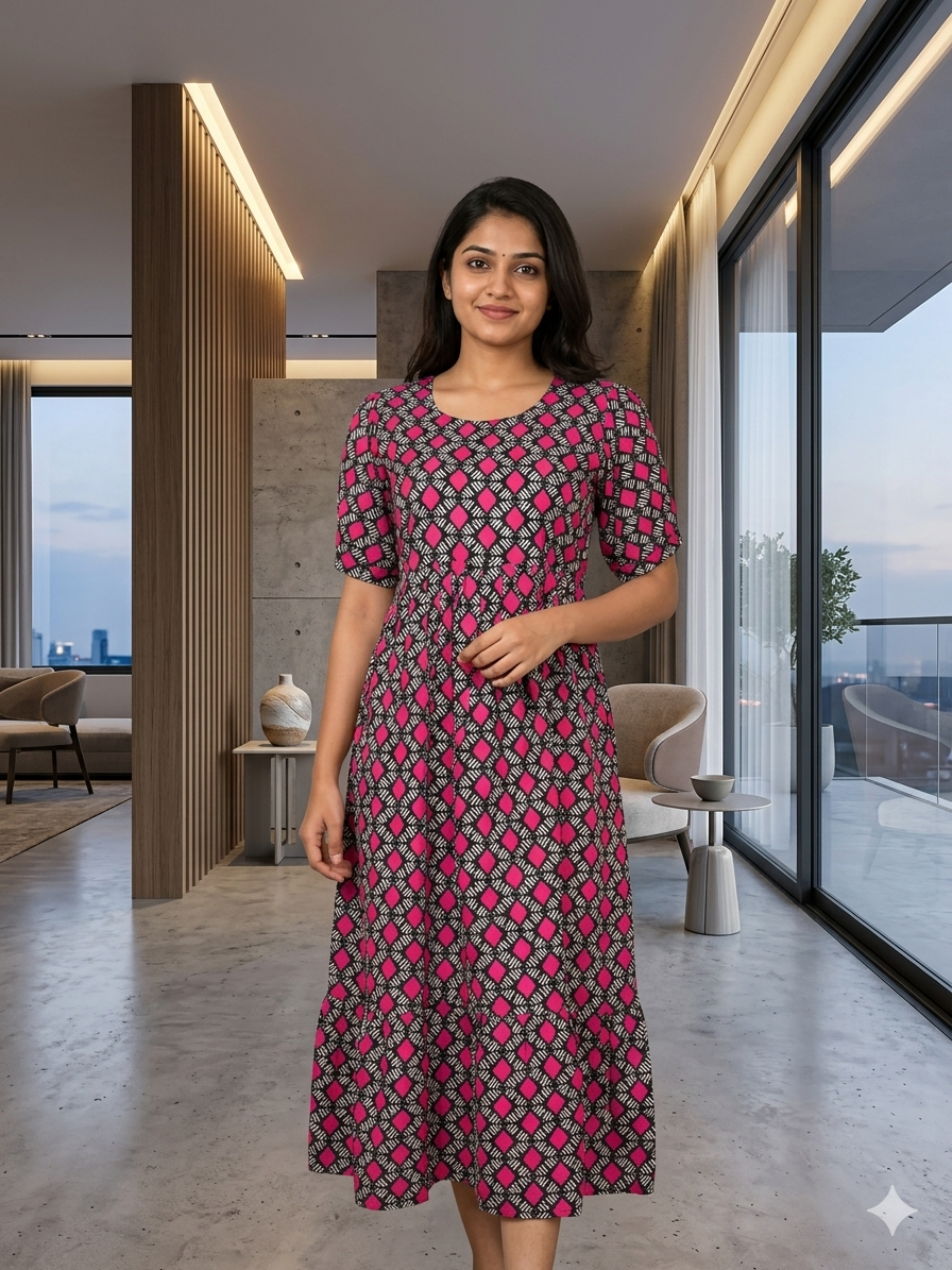 Black With Pink Geometric Diamond Printed Outdoor Blended Cotton Non Feeding Maxi
