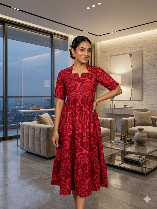 Red With Darker Pattern Outdoor Blended Cotton Non Feeding Maxi