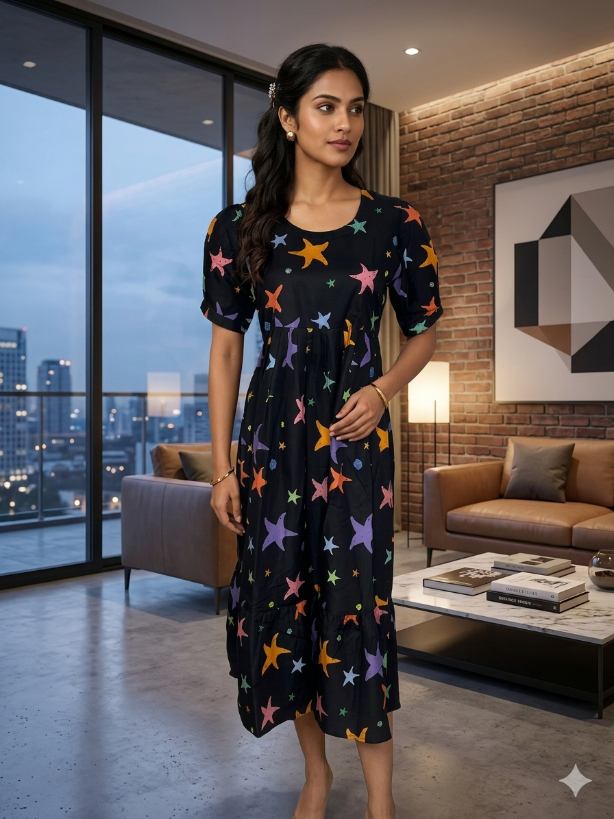 Black With Star Printed Outdoor Blended Cotton Non Feeding Maxi