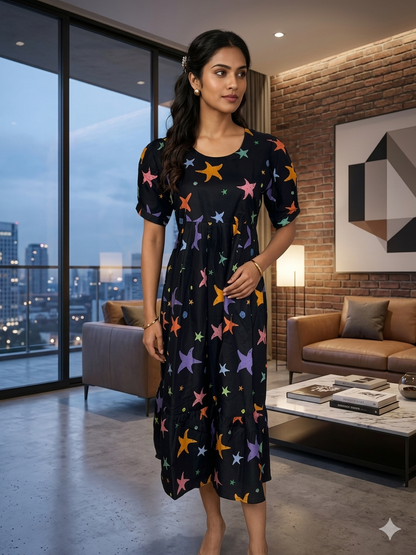 Black With Star Printed Outdoor Blended Cotton Non Feeding Maxi