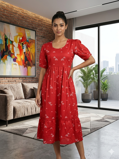 Red With Heart Printed Outdoor Blended Cotton Non Feeding Maxi
