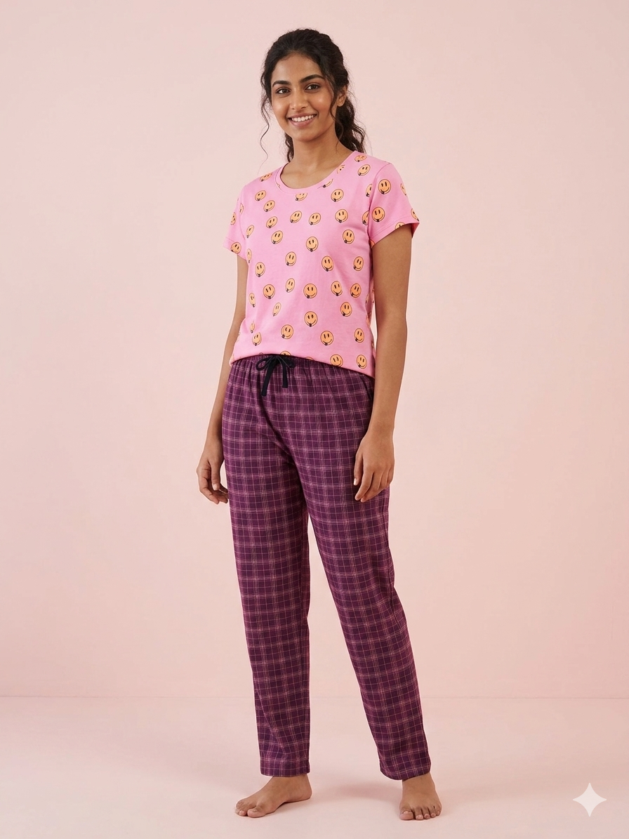 Pink Smiley Face Print T-Shirt and Pant Set