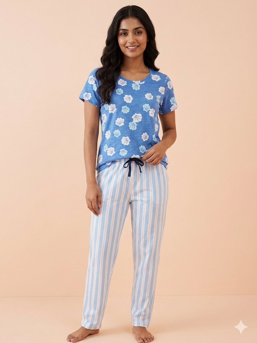 Blue Seashell Print T-Shirt and Pant Set