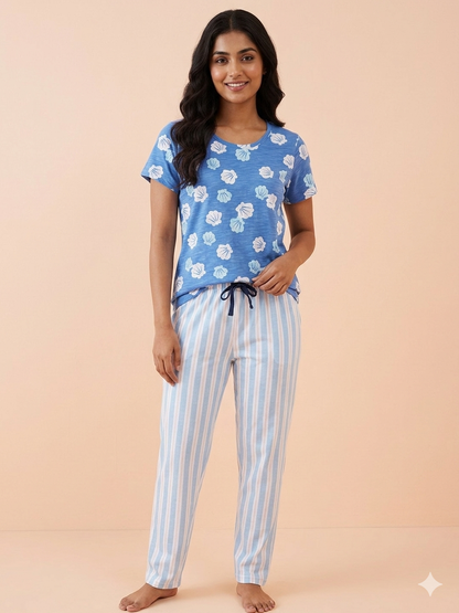 Blue Seashell Print T-Shirt and Pant Set