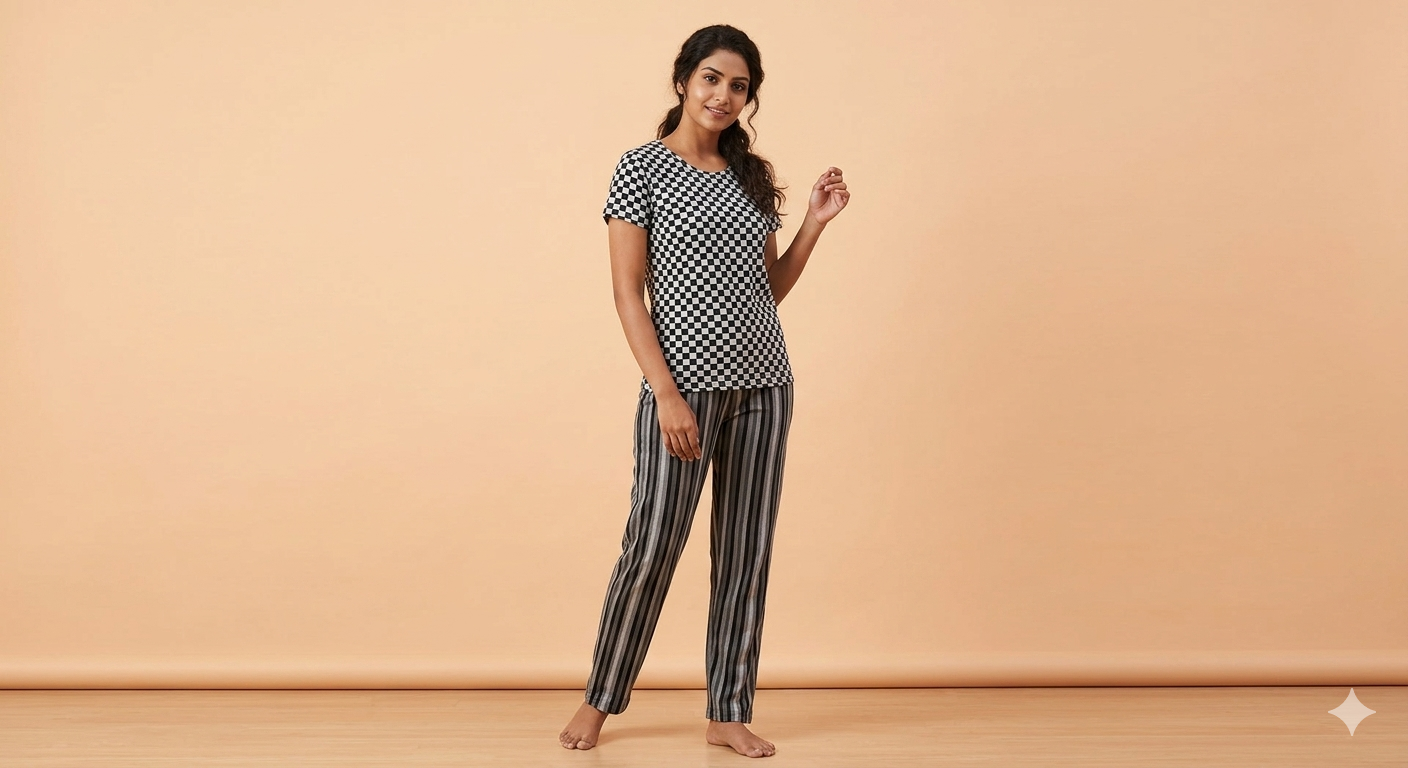 Black & White Checkered Print T-Shirt and Pant Set