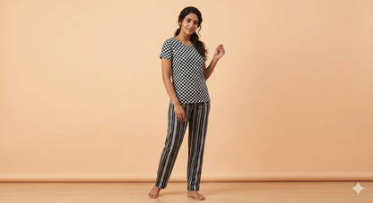 Black & White Checkered Print T-Shirt and Pant Set