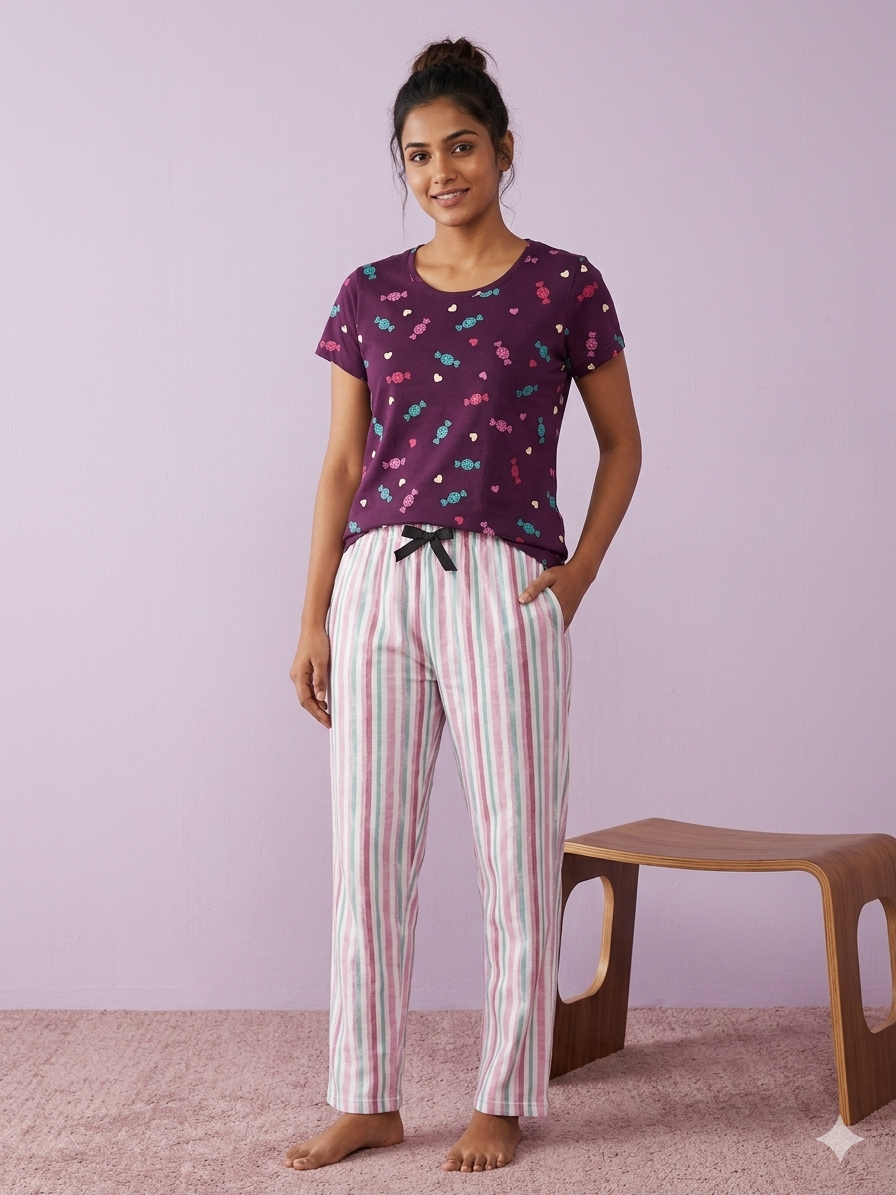 Purple Candy Print T-Shirt and Pant Set