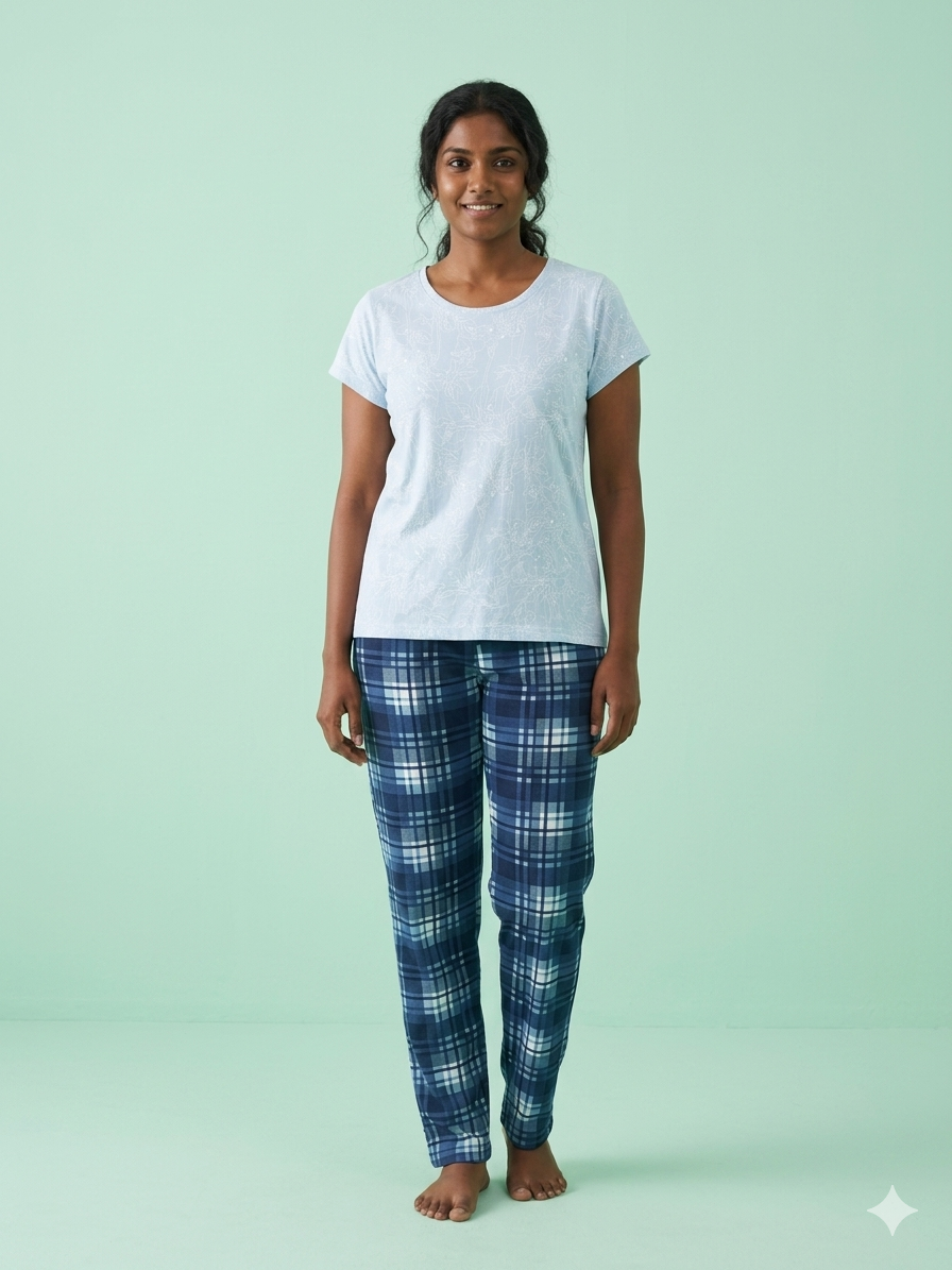 Light Blue Floral Print T-Shirt and Pant Set