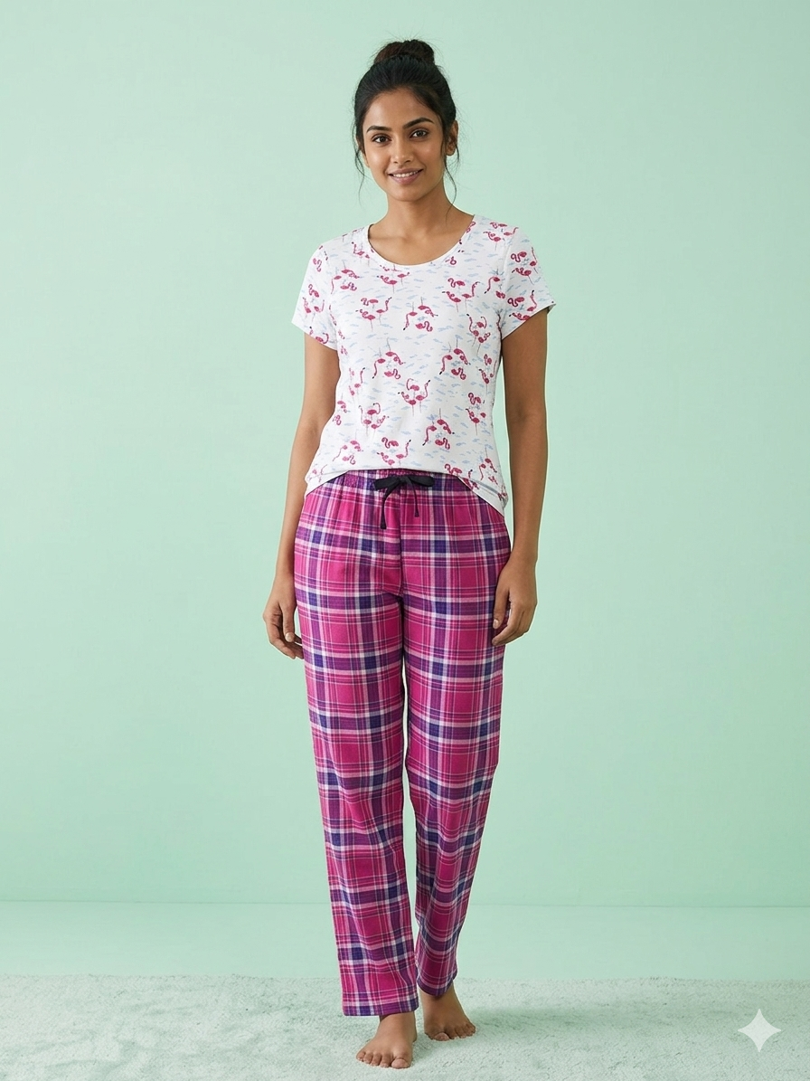 White Flamingo Print T-Shirt and Pant Set