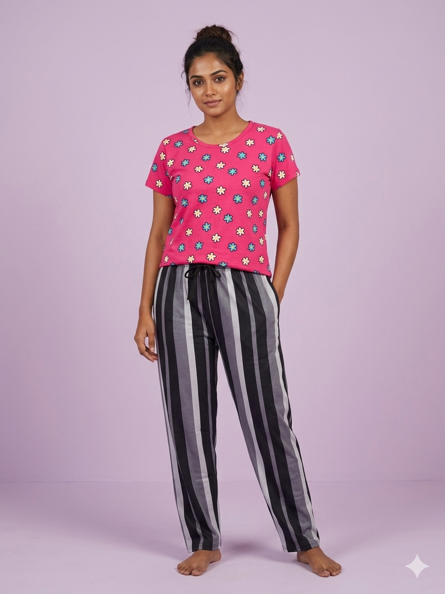 Pink Daisy Print T-Shirt and Pant Set