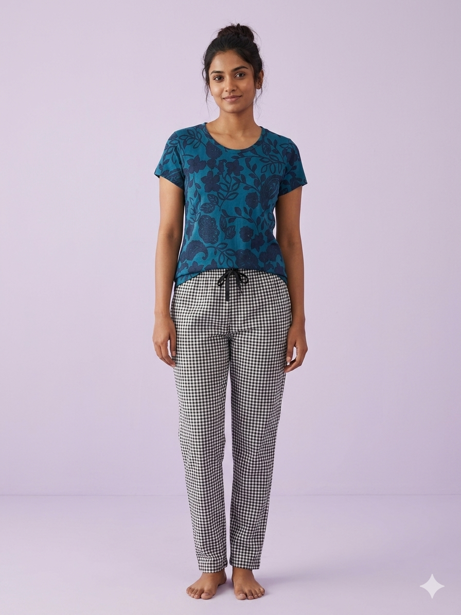 Teal Blue Floral Print T-Shirt and Pant Set