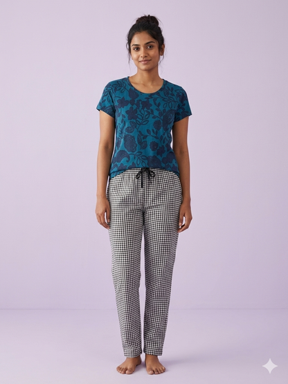 Teal Blue Floral Print T-Shirt and Pant Set
