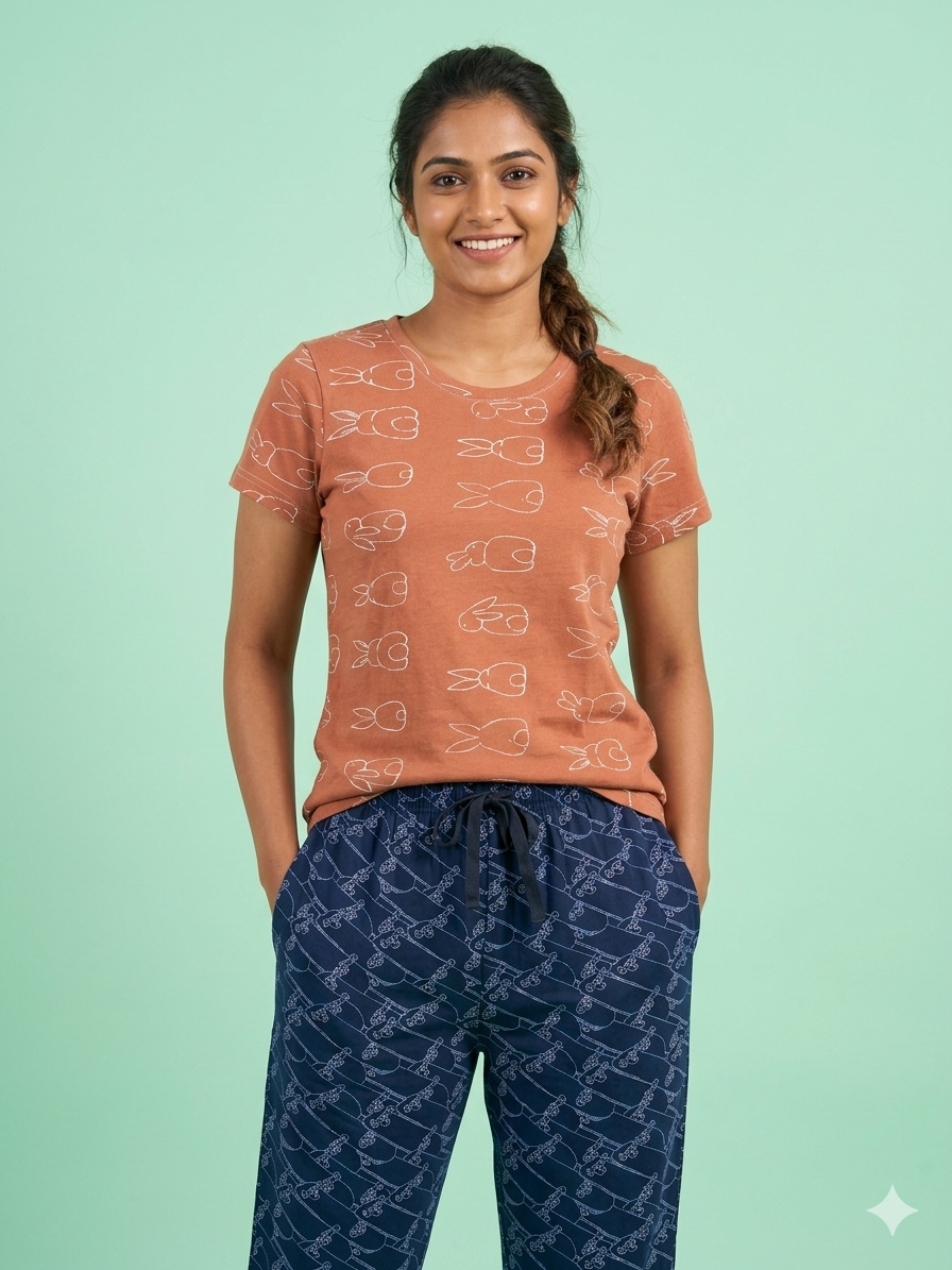 Brown Bunny Print T-Shirt and Pant Set