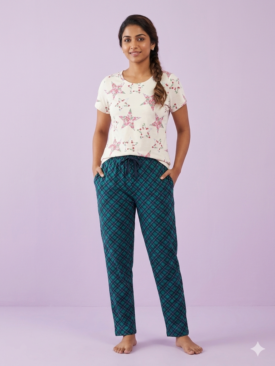 Cream Floral Star Print T-Shirt and Pant Set