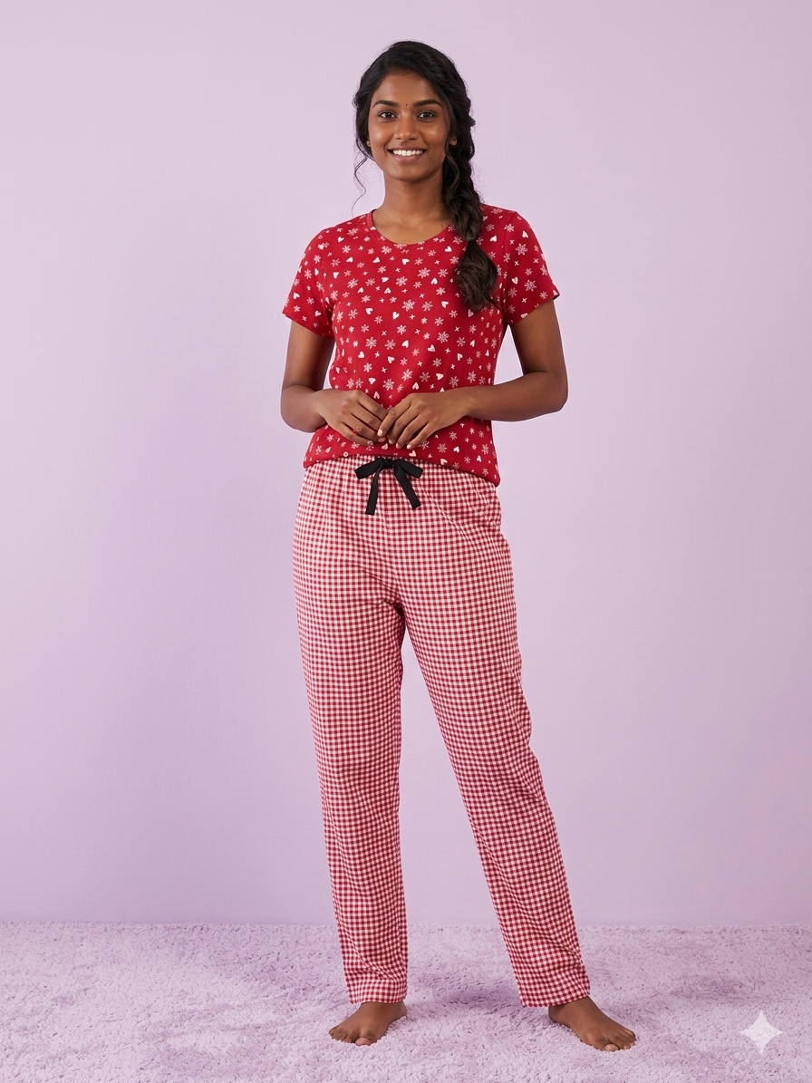 Red Snowflake Heart Print T-Shirt and Pant Set