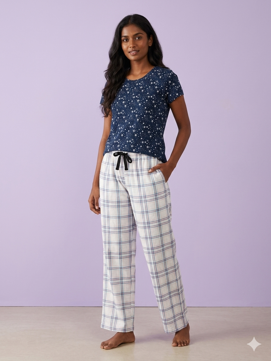 Navy Star Snowflake Print T-Shirt and White Plaid Pant Set