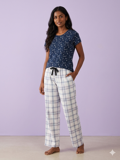 Navy Star Snowflake Print T-Shirt and White Plaid Pant Set
