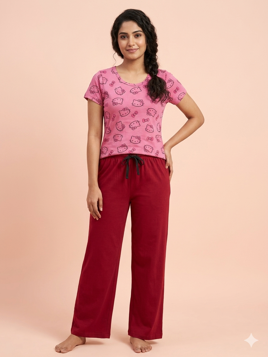 Pink Kitty Print Women's T-Shirt with Palazzo