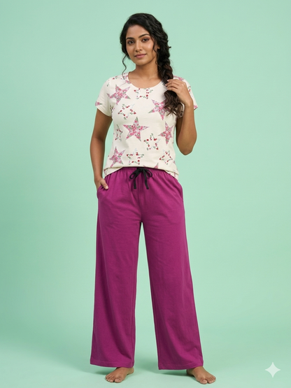 Women's Floral T-Shirt and Purple Palazzo Pant Set