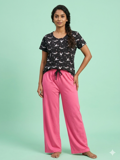 Black Boston Terrier Print Women's T-Shirt with Palazzo
