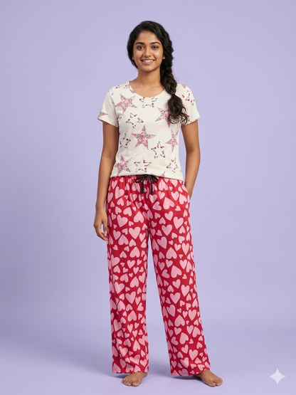 Women's Floral Star T-Shirt and Red Heart Print Spun Fabric Palazzo Pant Set