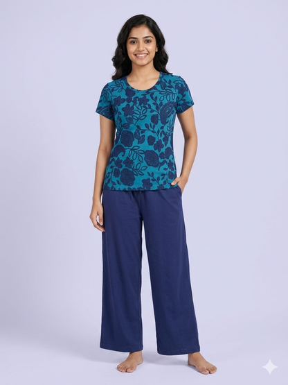 Women's Teal Blue Floral and Paisley Print T-Shirt and Navy Blue Palazzo Pant Set
