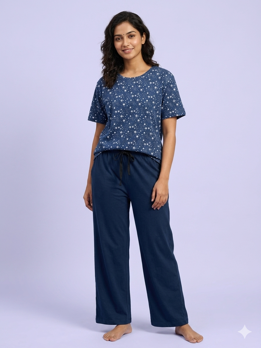 Women's Navy Blue Star and Snowflake Print T-Shirt and Palazzo Pant Set