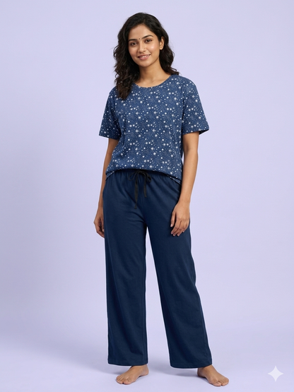 Women's Navy Blue Star and Snowflake Print T-Shirt and Palazzo Pant Set